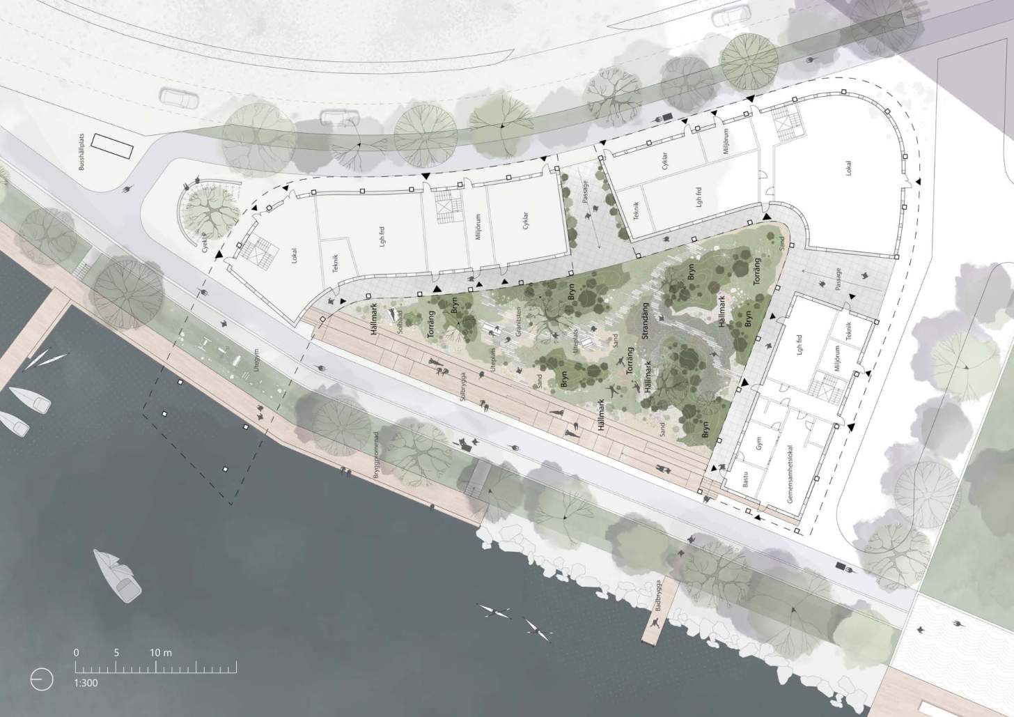 Situationsplan med gårdmijlö som är inspirerad av det blekingska kustlandskapet